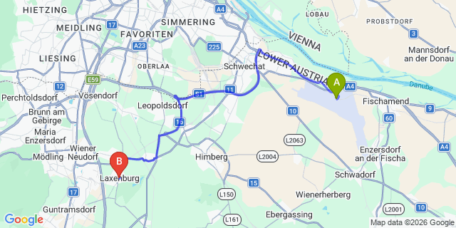 Map: Vienna Airport (VIE) to Laxenburg