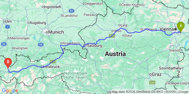 Map: Vienna Airport (VIE) to Lech am Arlberg