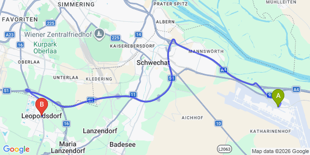 Map: Vienna Airport (VIE) to Leopoldsdorf