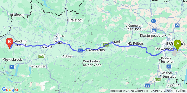 Map: Vienna Airport (VIE) to Lohnsburg am Kobernaußerwald