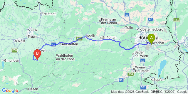 Map: Vienna Airport (VIE) to Losenstein