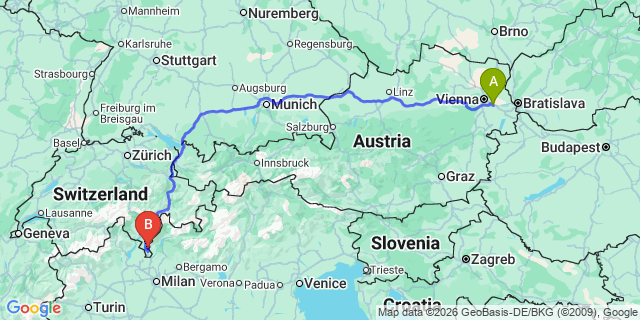 Map: Vienna Airport (VIE) to Lugano