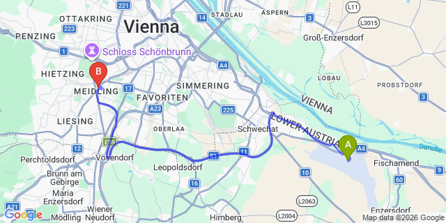 Map: Vienna Airport (VIE) to lyf Schoenbrunn Vienna