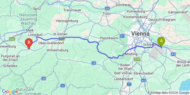 Map: Vienna Airport (VIE) to Mank