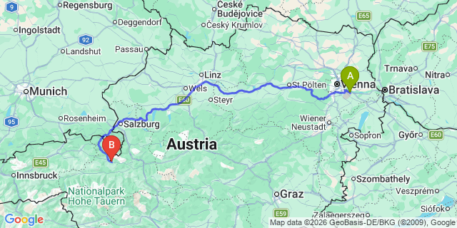 Map: Vienna Airport (VIE) to Maria Alm