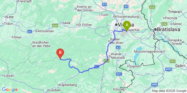 Map: Vienna Airport (VIE) to Mariazell