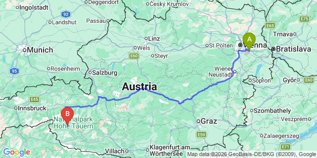 Map: Vienna Airport (VIE) to Matrei in Osttirol