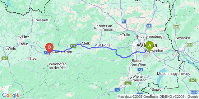 Map: Vienna Airport (VIE) to Mauer bei Amstetten