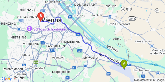 Map: Vienna Airport (VIE) to Max Brown Hotel 7th District