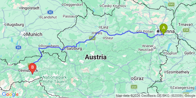 Map: Vienna Airport (VIE) to Mayrhofen