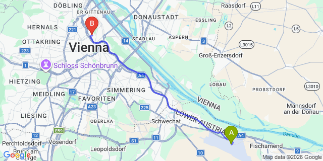 Map: Vienna Airport (VIE) to MEININGER Hotel Wien Downtown Sissi