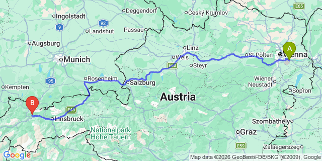 Map: Vienna Airport (VIE) to Mieming