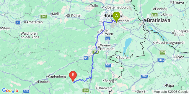 Map: Vienna Airport (VIE) to Miesenbach bei Birkfeld
