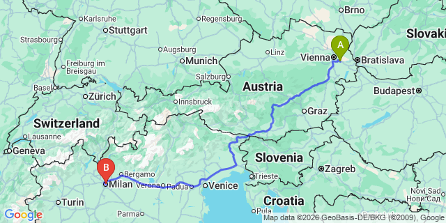 Map: Vienna Airport (VIE) to Milan (all areas)
