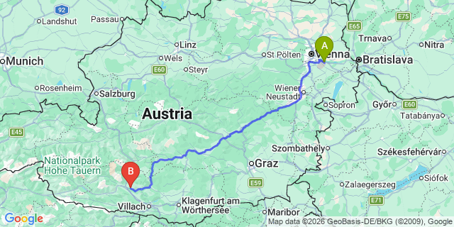 Map: Vienna Airport (VIE) to Millstatt am See