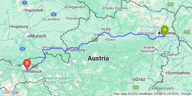 Map: Vienna Airport (VIE) to Mils bei Hall