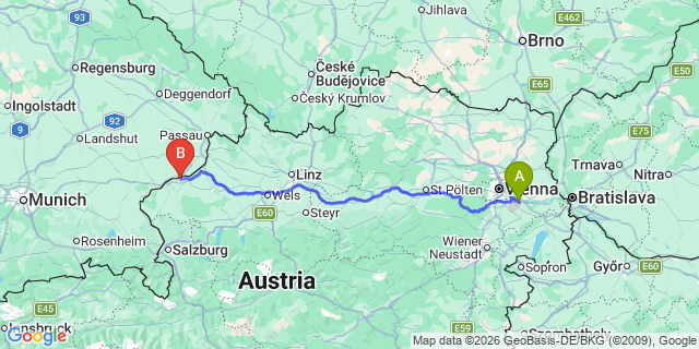 Map: Vienna Airport (VIE) to Mining