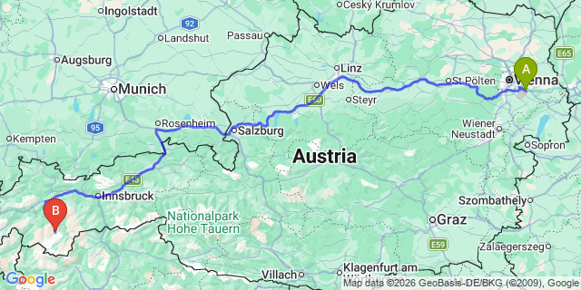 Map: Vienna Airport (VIE) to Mittelberg im Pitztal