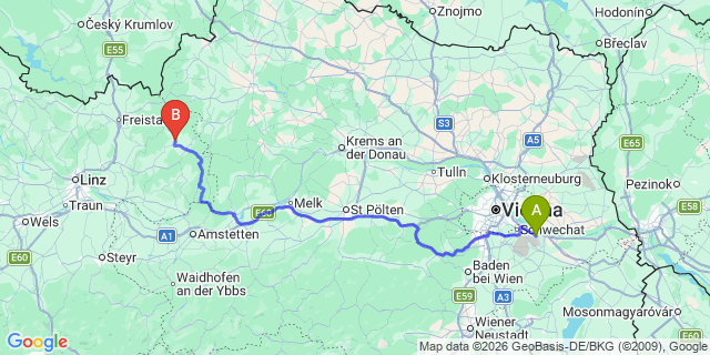 Map: Vienna Airport (VIE) to Mittelweißenbach