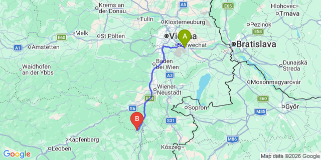 Map: Vienna Airport (VIE) to Mönichkirchen