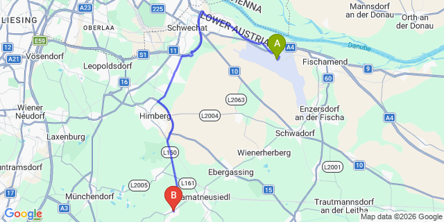 Map: Vienna Airport (VIE) to Moosbrunn