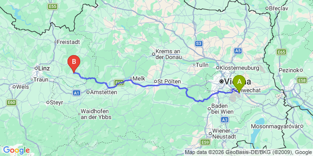 Map: Vienna Airport (VIE) to Münzbach