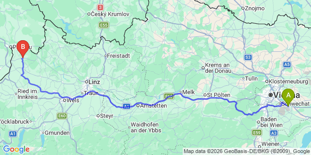 Map: Vienna Airport (VIE) to Münzkirchen