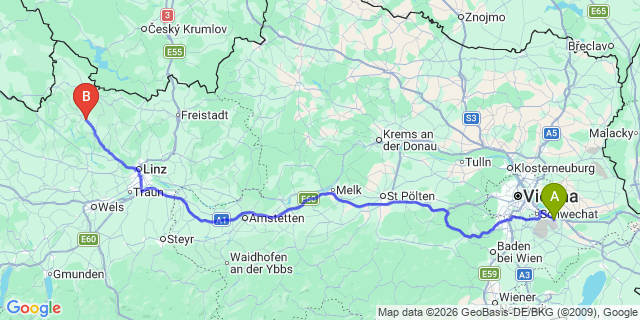 Map: Vienna Airport (VIE) to Neufelden