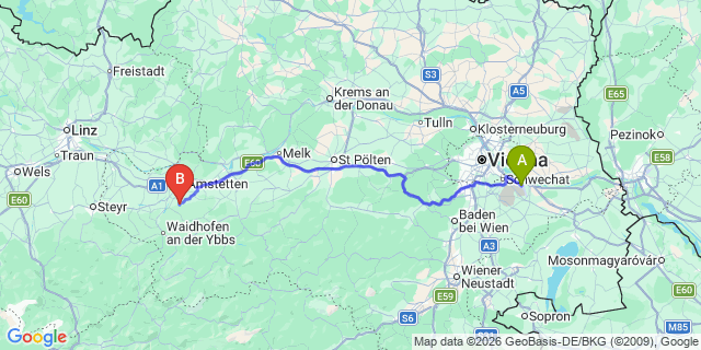 Map: Vienna Airport (VIE) to Neuhofen an der Ybbs