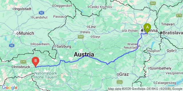 Map: Vienna Airport (VIE) to Neukirchen am Großvenediger