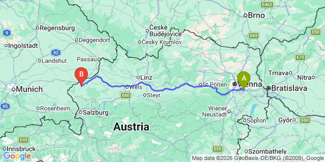 Map: Vienna Airport (VIE) to Neukirchen an der Enknach