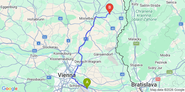 Map: Vienna Airport (VIE) to Neusiedl an der Zaya
