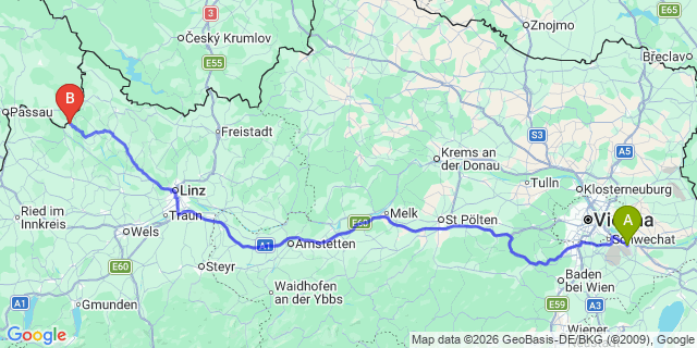 Map: Vienna Airport (VIE) to Neustift im Mühlkreis