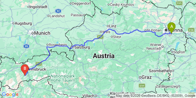Map: Vienna Airport (VIE) to Neustift im Stubaital
