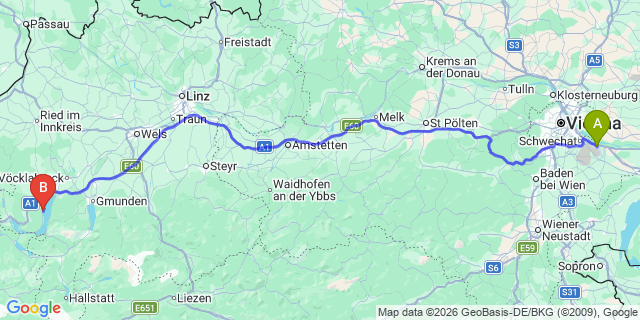 Map: Vienna Airport (VIE) to Nußdorf am Attersee