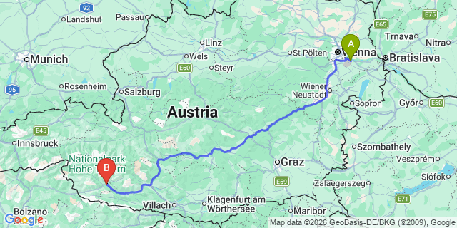 Map: Vienna Airport (VIE) to Nußdorf-Debant