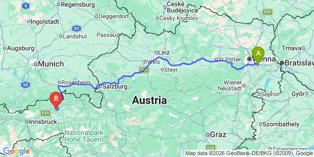 Map: Vienna Airport (VIE) to Oberau