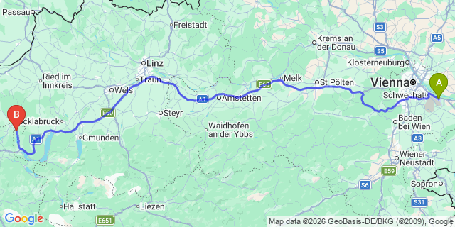 Map: Vienna Airport (VIE) to Oberhofen am Irrsee