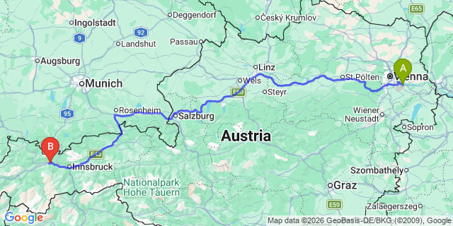 Map: Vienna Airport (VIE) to Oberhofen im Inntal