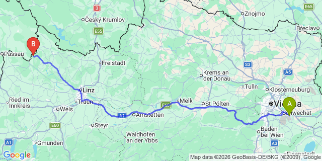 Map: Vienna Airport (VIE) to Oberkappel