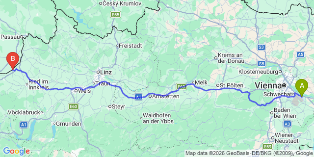 Map: Vienna Airport (VIE) to Obernberg am Inn