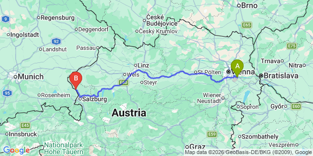 Map: Vienna Airport (VIE) to Oberndorf bei Salzburg