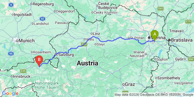 Map: Vienna Airport (VIE) to Oberndorf in Tirol