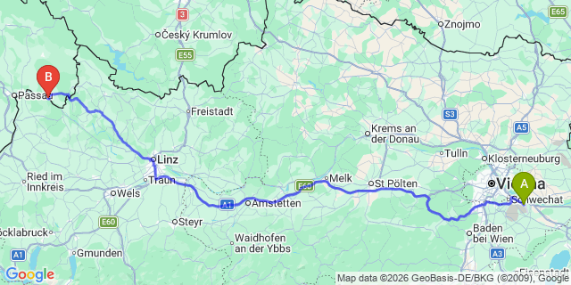 Map: Vienna Airport (VIE) to Obernzell