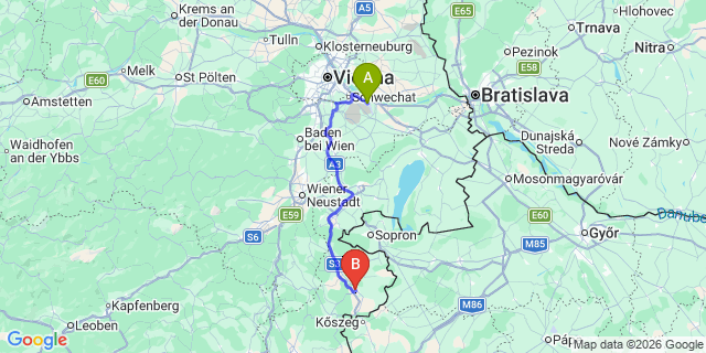 Map: Vienna Airport (VIE) to Oberpullendorf
