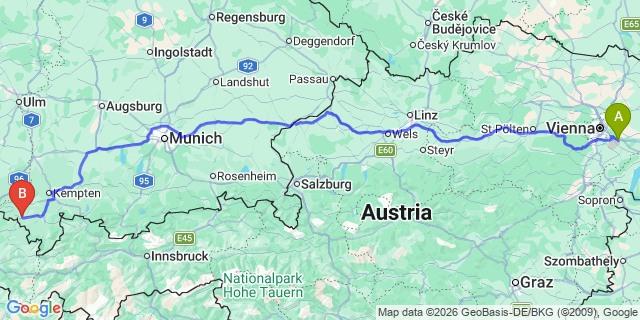 Map: Vienna Airport (VIE) to Oberstaufen