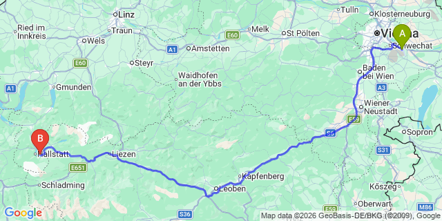 Map: Vienna Airport (VIE) to Obertraun