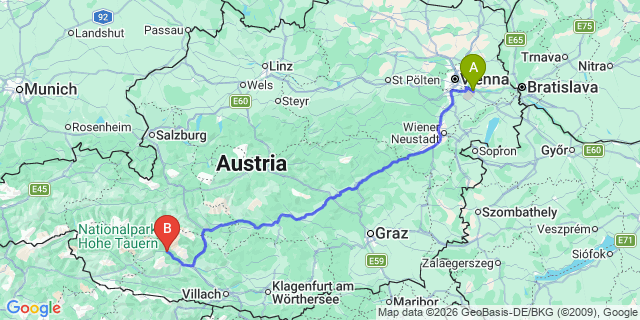 Map: Vienna Airport (VIE) to Obervellach