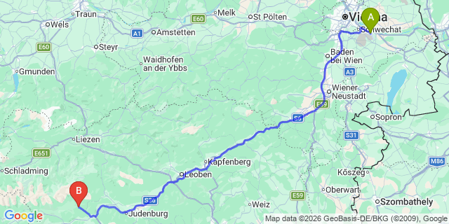 Map: Vienna Airport (VIE) to Oberwölz