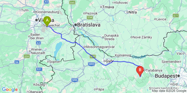 Map: Vienna Airport (VIE) to Oroszlány